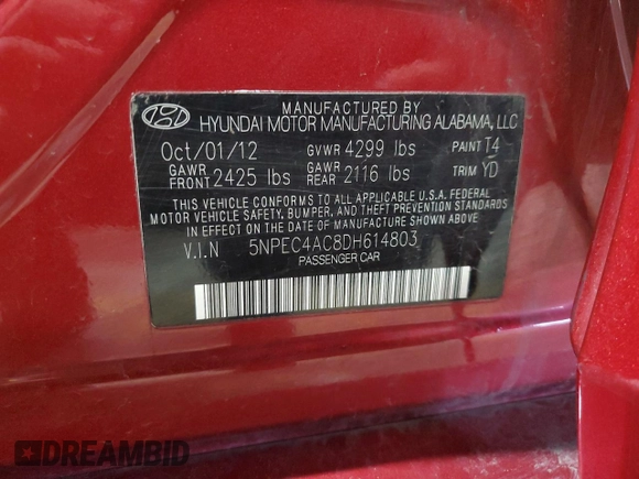 2013 Hyundai Sonata Limited with VIN 5NPEC4AC8DH614803, listed as a Copart auction lot 52021195 with 91,708 mi miles and Salvage Title. Bid and sale history available at DreamBid. Image 13.