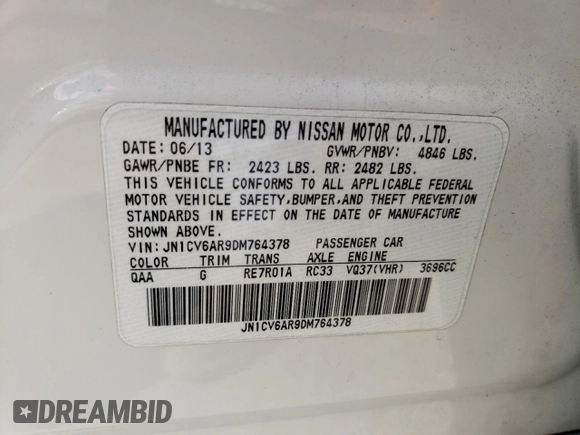 2013 Infiniti G37 x with VIN JN1CV6AR9DM764378, listed as a Copart auction lot 70253774 with 117,606 mi miles and Salvage Title. Bid and sale history available at carsss.com. Image 13.