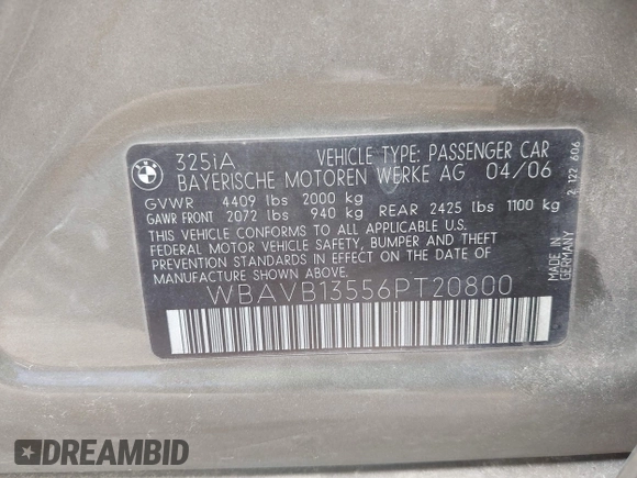 2006 BMW 3 Series 325i with VIN WBAVB13556PT20800, listed as a IAAI auction lot 42072125 with 183,274 mi miles. Bid and sale history available at carsss.com. Image 9.