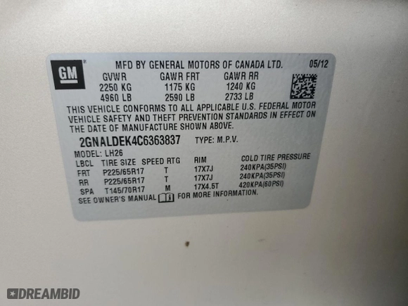 2012 Chevrolet Equinox LT w/1LT with VIN 2GNALDEK4C6363837, listed as a Copart auction lot 52957615 with 208,744 mi miles and Salvage Title. Bid and sale history available at carsss.com. Image 15.