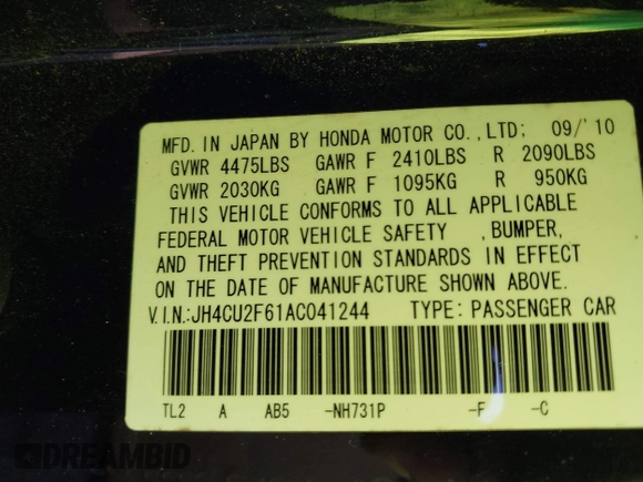 2010 Acura TSX with VIN JH4CU2F61AC041244, listed as a IAAI auction lot 41232564 with 82,604 mi miles. Bid and sale history available at carsss.com. Image 9.