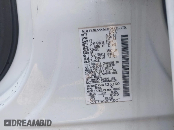 2006 Nissan Titan LE with VIN 1N6BA07A56N525360, listed as a IAAI auction lot 41934477 with 195,851 mi miles and . Bid and sale history available at DreamBid. Image 9.