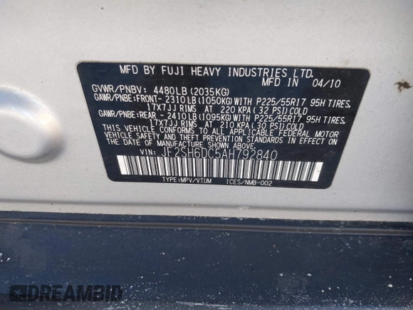 2010 Subaru Forester X Limited with VIN JF2SH6DC5AH792840, listed as a IAAI auction lot 41631161 with 139,620 mi miles and . Bid and sale history available at DreamBid. Image 9.