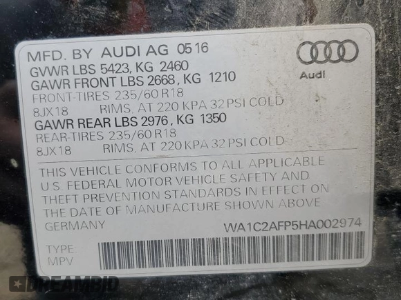 2017 Audi Q5 Premium z VIN WA1C2AFP5HA002974, wystawiony jako Copart lot #59249655 z przebiegiem 183 745 mil mil oraz Szkoda całkowita • Salvage title. Historia ofert i sprzedaży dostępna na DreamBid. Obrazek 13.