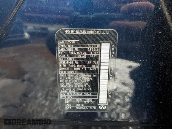 2021 Infiniti QX50 Essential with VIN 3PCAJ5CB8MF105565, listed as a Copart auction lot 43491845 with 20,035 mi miles and Salvage title. Bid and sale history available at DreamBid. Image 13.