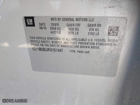 2015 Chevrolet Malibu LS with VIN 1G11B5SL9FU151447, listed as a IAAI auction lot 41772043 with 145,075 mi miles. Bid and sale history available at carsss.com. Image 9.