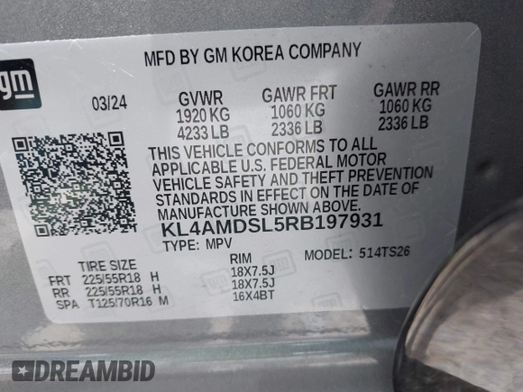 2024 Buick Encore GX Sport Touring with VIN KL4AMDSL5RB197931, listed as a IAAI auction lot 42261609 with 28,760 mi miles and . Bid and sale history available at DreamBid. Image 9.