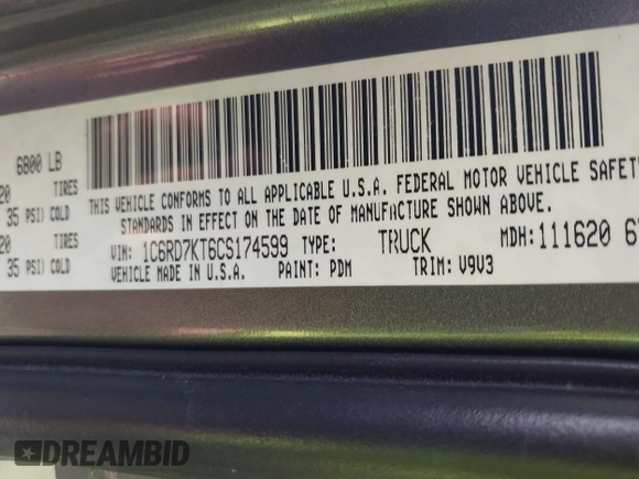 2012 Ram 1500 Express с VIN 1C6RD7KT6CS174599, выставлен на аукционе IAAI как лот 42367638 с пробегом 72 779 миль миль и . История ставок и продаж доступна на DreamBid. Изображение 9.