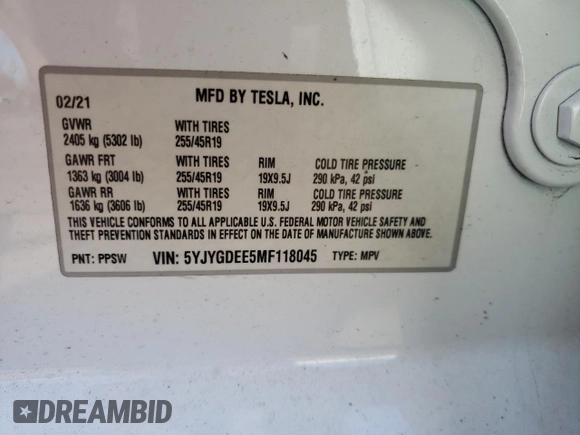2021 Tesla Model Y Long Range with VIN 5YJYGDEE5MF118045, listed as a Copart auction lot 50790065 with 43,704 mi miles and Salvage Title. Bid and sale history available at DreamBid. Image 15.