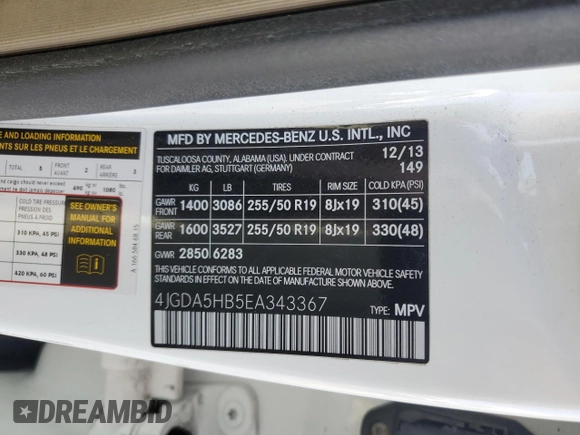 2014 Mercedes-Benz M 350 with VIN 4JGDA5HB5EA343367, listed as a Copart auction lot 53925045 with 154,996 mi miles and Clean title. Bid and sale history available at DreamBid. Image 12.