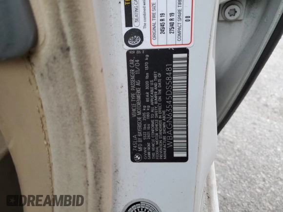 2005 BMW 7 Series 745Li z VIN WBAGN63545DS58481, wystawiony jako Copart lot #78895514 z przebiegiem Nie podano mil oraz Czysty tytuł • Clean title. Historia ofert i sprzedaży dostępna na DreamBid. Obrazek 12.