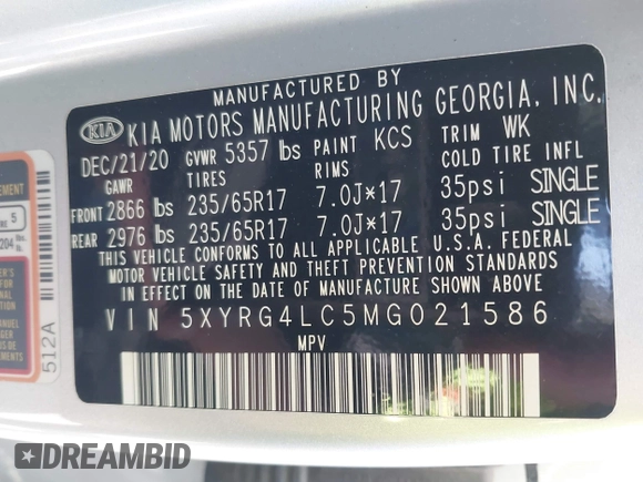 2021 Kia Sorento LX z VIN 5XYRG4LC5MG021586, wystawiony jako IAAI lot #42000187 z przebiegiem 81 046 mil mil oraz . Historia ofert i sprzedaży dostępna na DreamBid. Obrazek 9.