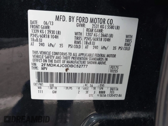 2013 Ford Edge SEL with VIN 2FMDK4JC0DBC52777, listed as a IAAI auction lot 41727385 with 167,006 mi miles. Bid and sale history available at carsss.com. Image 9.
