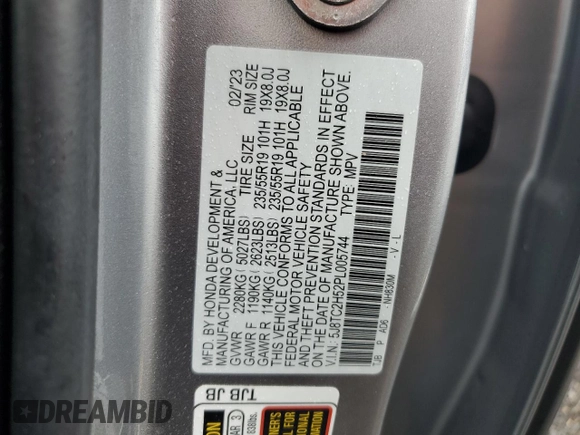 2023 Acura RDX Technology с VIN 5J8TC2H52PL005744, выставлен на аукционе Copart как лот 60807205 с пробегом 35 036 миль миль и Списание • Salvage title. История ставок и продаж доступна на DreamBid. Изображение 13.