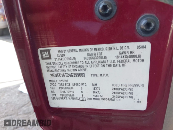 2004 Chevrolet Suburban LT with VIN 3GNEC16T24G299603, listed as a IAAI auction lot 42539177 with 270,744 mi miles and . Bid and sale history available at DreamBid. Image 9.