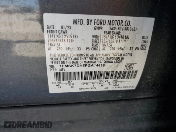2023 Ford Explorer XLT with VIN 1FMSK7DH5PGA14419, listed as a Copart auction lot 48980955 with 0 mi miles and Non Repairable. Bid and sale history available at carsss.com. Image 15.