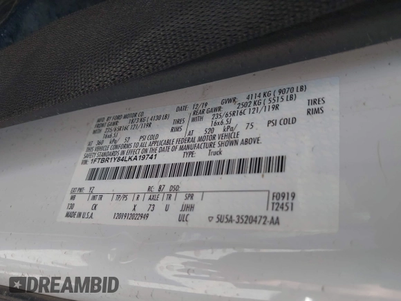 2020 Ford Transit Cargo z VIN 1FTBR1Y84LKA19741, wystawiony jako IAAI lot #42350802 z przebiegiem 90 186 mil mil oraz . Historia ofert i sprzedaży dostępna na DreamBid. Obrazek 8.