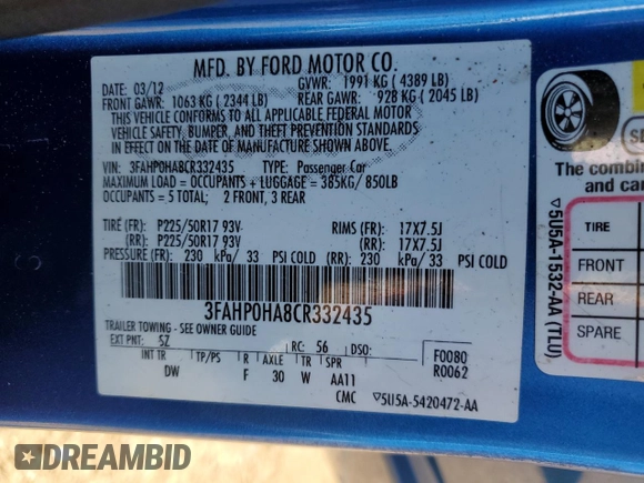 2012 Ford Fusion SE with VIN 3FAHP0HA8CR332435, listed as a Copart auction lot 44200055 with 105,416 mi miles and Salvage Title. Bid and sale history available at DreamBid. Image 12.