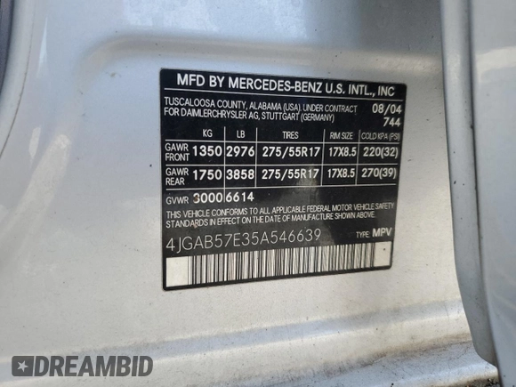 2005 Mercedes-Benz M 350 с VIN 4JGAB57E35A546639, выставлен на аукционе Copart как лот 50201805 с пробегом 88 710 миль миль и Списание • Salvage title. История ставок и продаж доступна на DreamBid. Изображение 13.