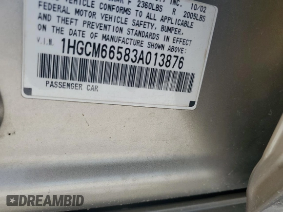 2003 Honda Accord EX z VIN 1HGCM66583A013876, wystawiony jako Copart lot #54890235 z przebiegiem Nie podano mil oraz Szkoda całkowita • Salvage title. Historia ofert i sprzedaży dostępna na DreamBid. Obrazek 12.