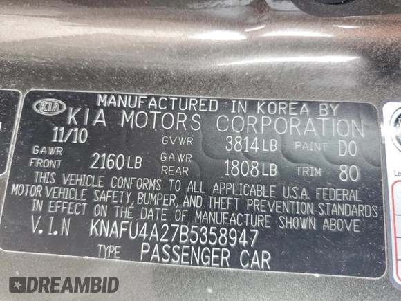 2011 Kia Forte EX with VIN KNAFU4A27B5358947, listed as a Copart auction lot 68000984 with 118,917 mi miles and Salvage Title. Bid and sale history available at carsss.com. Image 12.