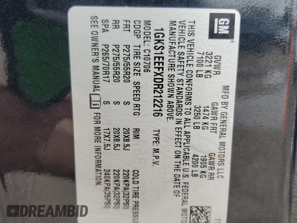 2013 GMC Yukon Denali with VIN 1GKS1EEFXDR212216, listed as a Copart auction lot 51215745 with 180,669 mi miles and Salvage Title. Bid and sale history available at carsss.com. Image 15.