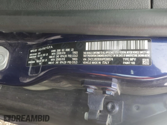 2017 Jeep Renegade Limited with VIN ZACCJBDBXHPE88574, listed as a Copart auction lot 61728625 with 106,116 mi miles and Salvage title. Bid and sale history available at DreamBid. Image 13.
