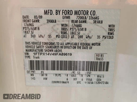 2009 Ford F-150 XL with VIN 1FTPX14V49FA89619, listed as a Copart auction lot 51645825 with 225,219 mi miles and Salvage Title. Bid and sale history available at carsss.com. Image 12.