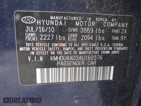 2010 Hyundai Elantra GLS z VIN KMHDU4AD3AU160376, wystawiony jako IAAI lot #42263482 z przebiegiem 202 358 mil mil oraz . Historia ofert i sprzedaży dostępna na DreamBid. Obrazek 9.