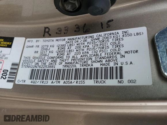 2006 Toyota Tacoma with VIN 5TENX22N76Z253881, listed as a Copart auction lot 48896885 with 100,922 mi miles and Salvage Title. Bid and sale history available at carsss.com. Image 13.