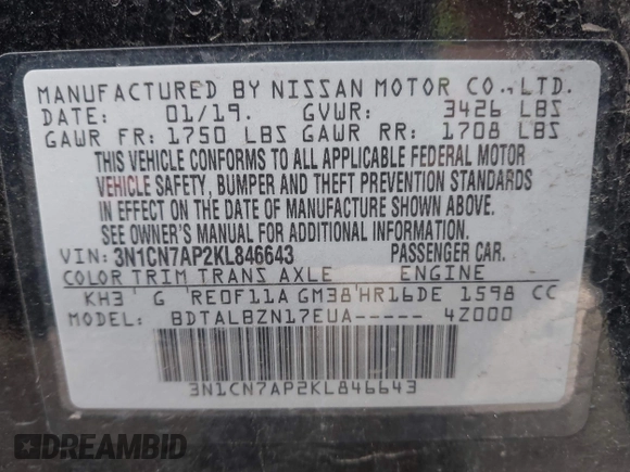 2019 Nissan Versa SV z VIN 3N1CN7AP2KL846643, wystawiony jako IAAI lot #41893371 z przebiegiem 67 054 mil mil oraz . Historia ofert i sprzedaży dostępna na DreamBid. Obrazek 9.