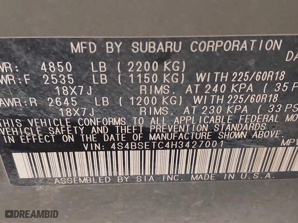 2017 Subaru Outback Touring with VIN 4S4BSETC4H3427001, listed as a IAAI auction lot 41288084 with 151,619 mi miles. Bid and sale history available at carsss.com. Image 9.