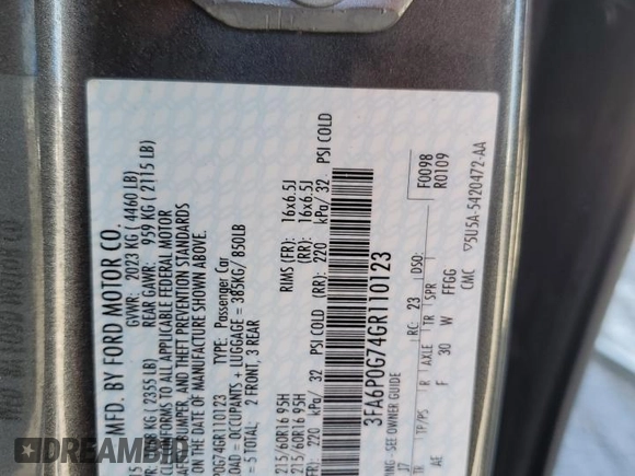 2016 Ford Fusion S with VIN 3FA6P0G74GR110123, listed as a Copart auction lot 58322455 with 22,358 mi miles and Salvage title. Bid and sale history available at DreamBid. Image 12.