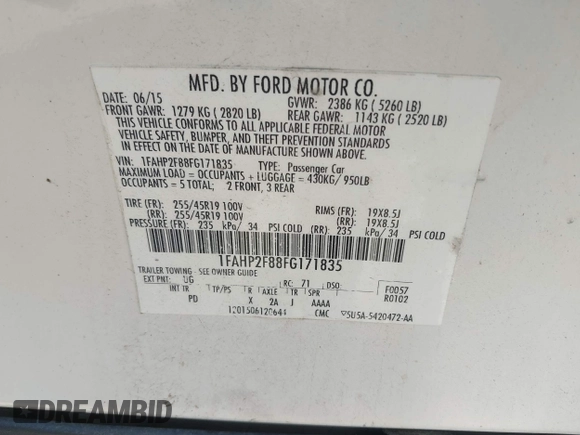 2015 Ford Taurus Limited with VIN 1FAHP2F88FG171835, listed as a IAAI auction lot 42370656 with 152,210 mi miles and . Bid and sale history available at DreamBid. Image 9.