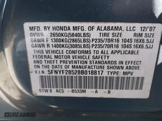 2008 Honda Pilot EX-L with VIN 5FNYF28528B018817, listed as a IAAI auction lot 41608185 with 206,094 mi miles. Bid and sale history available at carsss.com. Image 9.