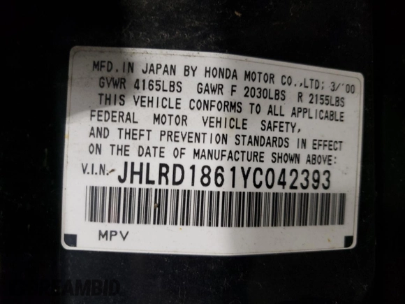 2000 Honda CR-V EX with VIN JHLRD1861YC042393, listed as a Copart auction lot 80472824 with 296,283 mi miles and Clean Title. Bid and sale history available at carsss.com. Image 13.