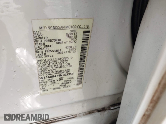 2004 Nissan Armada SE z VIN 5N1AA08A74N703355, wystawiony jako IAAI lot #41555201 z przebiegiem 190 430 mil mil oraz . Historia ofert i sprzedaży dostępna na DreamBid. Obrazek 9.