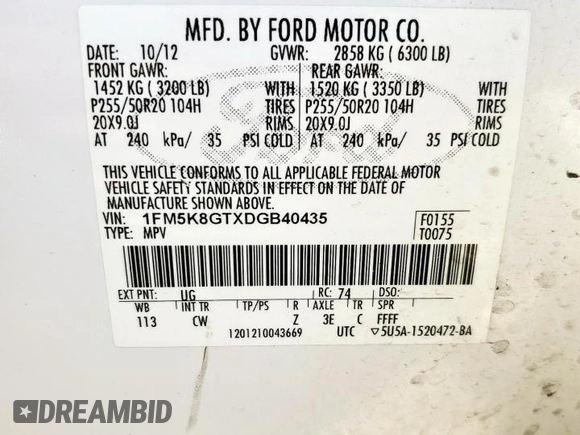 2013 Ford Explorer Sport with VIN 1FM5K8GTXDGB40435, listed as a Copart auction lot 58211555 with Not provided miles and Salvage title. Bid and sale history available at DreamBid. Image 14.
