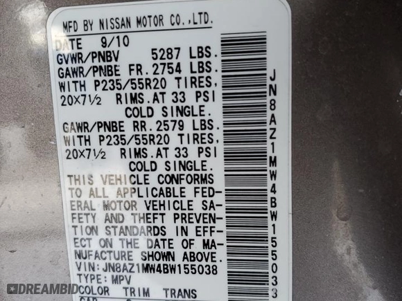 2011 Nissan Murano S with VIN JN8AZ1MW4BW155038, listed as a Copart auction lot 88647555 with 0 mi miles and Salvage Title. Bid and sale history available at carsss.com. Image 13.