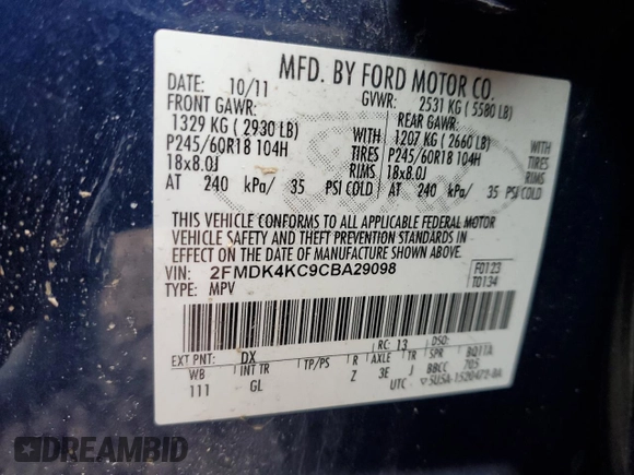 2012 Ford Edge Limited with VIN 2FMDK4KC9CBA29098, listed as a Copart auction lot 52066515 with 182,080 mi miles and Salvage Title. Bid and sale history available at carsss.com. Image 14.