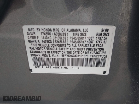 2009 Honda Ridgeline RT with VIN 5FPYK16239B101373, listed as a IAAI auction lot 41169343 with Not provided miles and . Bid and sale history available at DreamBid. Image 9.