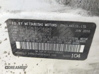 2017 Mitsubishi Mirage ES with VIN ML32F3FJ6HHF08999, listed as a IAAI auction lot 42234559 with 95,842 mi miles and . Bid and sale history available at DreamBid. Image 9.