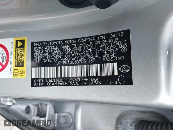 2013 Lexus ES 250 with VIN JTHBK1GG3D2061153, listed as a IAAI auction lot 41871089 with 120,434 mi miles and . Bid and sale history available at DreamBid. Image 9.