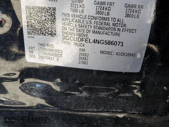 2022 Chevrolet Silverado 1500 LT Trail Boss with VIN 3GCUDFEL4NG586071, listed as a Copart auction lot 72244214 with Not Provided miles and Non Repairable. Bid and sale history available at DreamBid. Image 12.