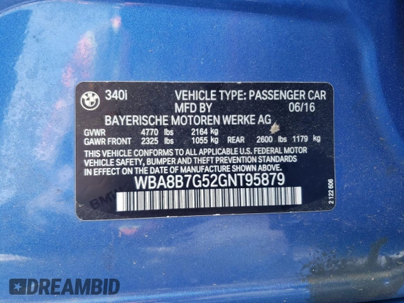 2016 BMW 3 Series 340i xDrive with VIN WBA8B7G52GNT95879, listed as a Copart auction lot 56124225 with 128,051 mi miles and Salvage title. Bid and sale history available at DreamBid. Image 12.