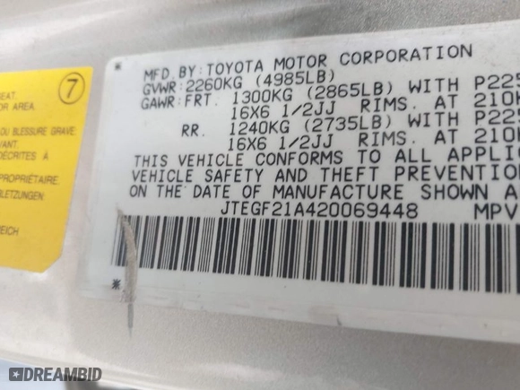 2002 Toyota Highlander with VIN JTEGF21A420069448, listed as a IAAI auction lot 42071939 with 153,152 mi miles. Bid and sale history available at carsss.com. Image 9.