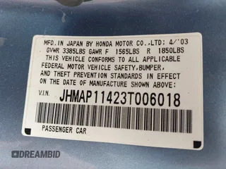 2003 Honda S2000 z VIN JHMAP11423T006018, wystawiony jako IAAI lot #42057260 z przebiegiem 117 340 mil mil oraz . Historia ofert i sprzedaży dostępna na DreamBid. Obrazek 9.