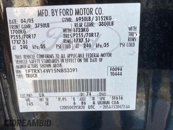 2005 Ford F-150 STX with VIN 1FTRX14W15NB53391, listed as a Copart auction lot 50452905 with 169,403 mi miles and Salvage Title. Bid and sale history available at carsss.com. Image 10.
