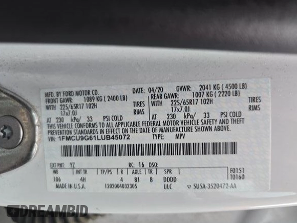 2020 Ford Escape SE with VIN 1FMCU9G61LUB45072, listed as a IAAI auction lot 42737664 with 75,428 mi miles and . Bid and sale history available at DreamBid. Image 9.