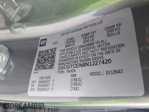 2022 Chevrolet Colorado 4WD LT с VIN 1GCGTCEN8N1227420, выставлен на аукционе IAAI как лот 42050345 с пробегом 54 922 миль миль и . История ставок и продаж доступна на DreamBid. Изображение 9.